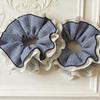 Smog Blue Plaid Lace Scrunchie - Elegant Korean-Inspired High-Class Bun Accessory.