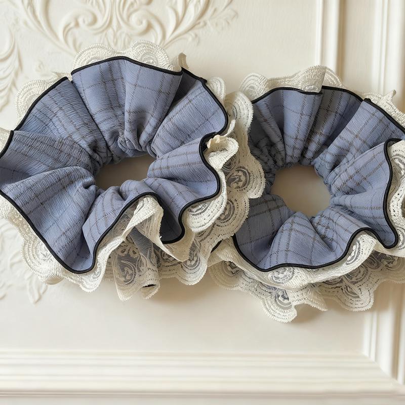 Smog Blue Plaid Lace Scrunchie - Elegant Korean-Inspired High-Class Bun Accessory.