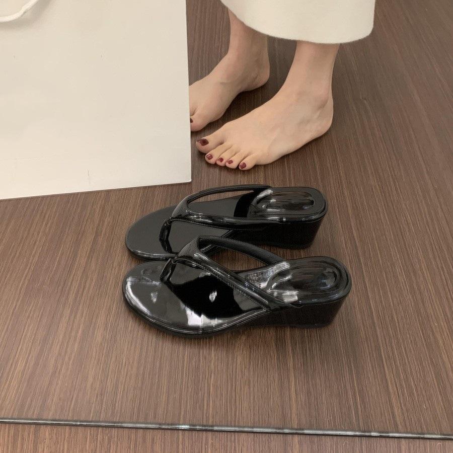 Beautiful pink leopard print wedge heel flip-flops shoes female new fairy high heel sandals