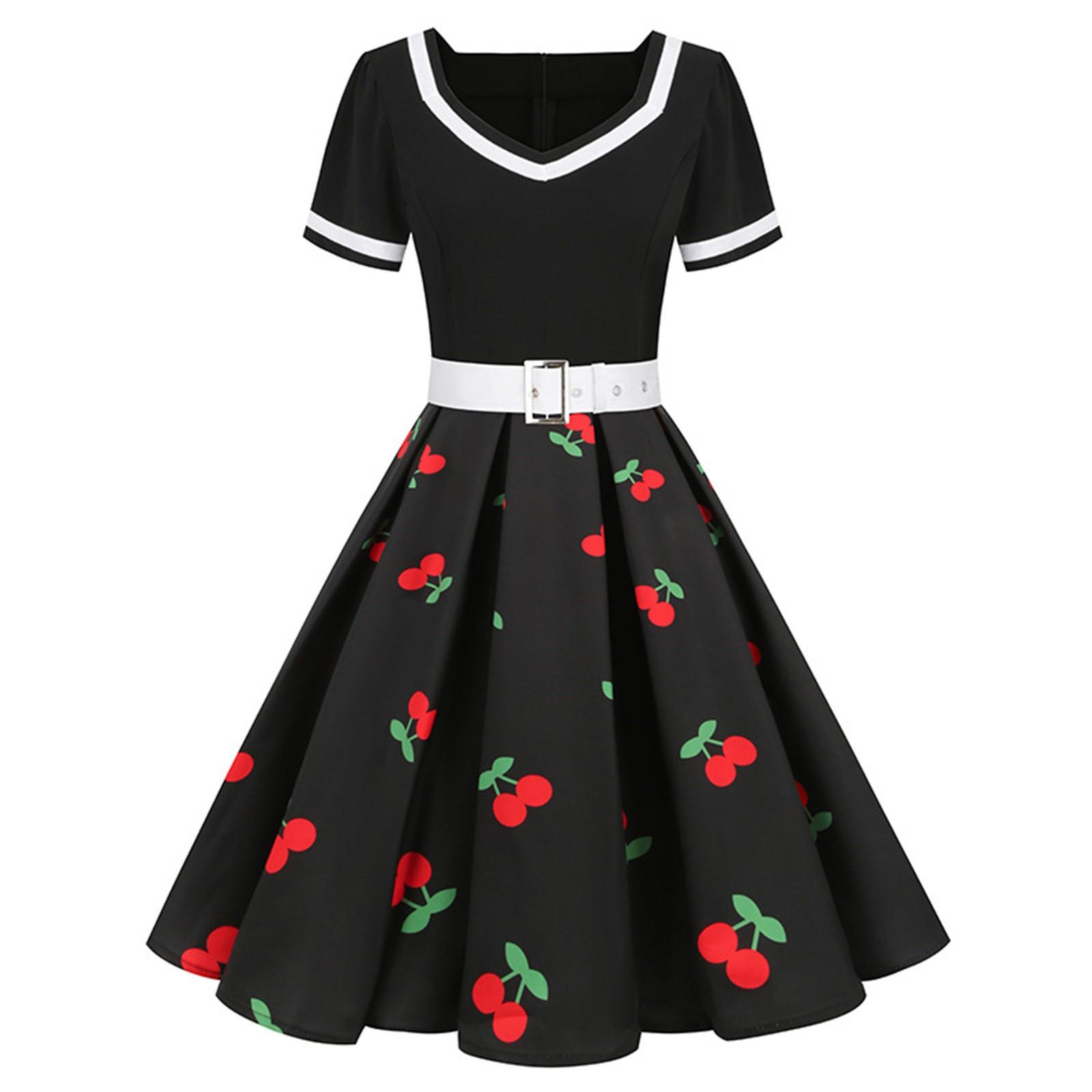 

Women Party Print Color Short Sleeves Retro Dress Sleeve Grenadine Dress M чорний