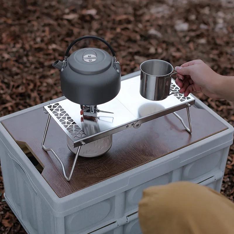 Portable Multifunctional Tea Table, Picnic Flat Gas Cylinder Stove Head, Outdoor Barbecue, Stainless Steel Folding Camping Table