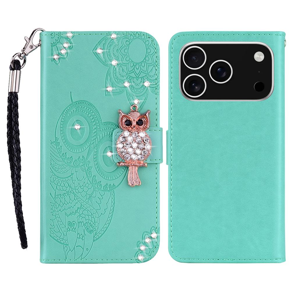 For iPhone 17 Pro Max Wallet Case Owl Flower Imprinted Rhinestone Leather Cover