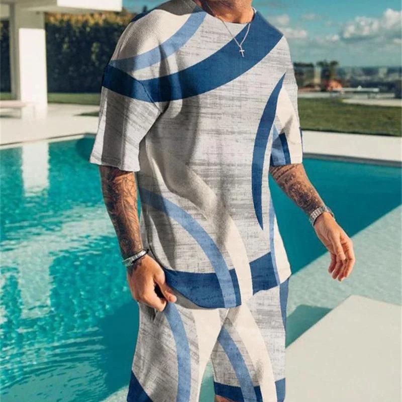 Summer Men's Set Short Sleeve Abstract 3d Printed Pattern Fashion Casual O-neck T-Shirt Shorts 2 Piece Set Sports Suit