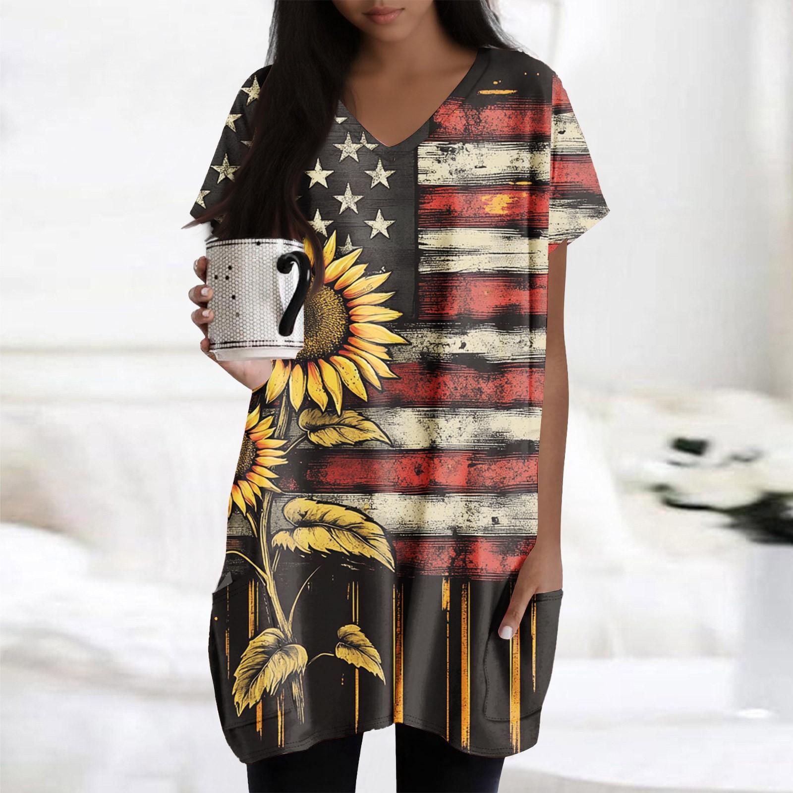 Womens Tops V-neck Short Sleeve Blouses Casual Mid-length Shirts Fashion Print Tunic Tops With Pockets L