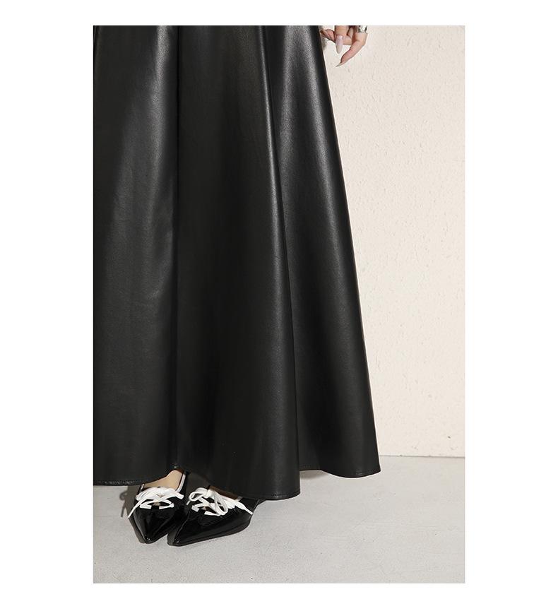 Women's High-End Retro Black PU Leather Pleated Midi Skirt - New Autumn/Winter Slim Fit, Large Swing Umbrella Style