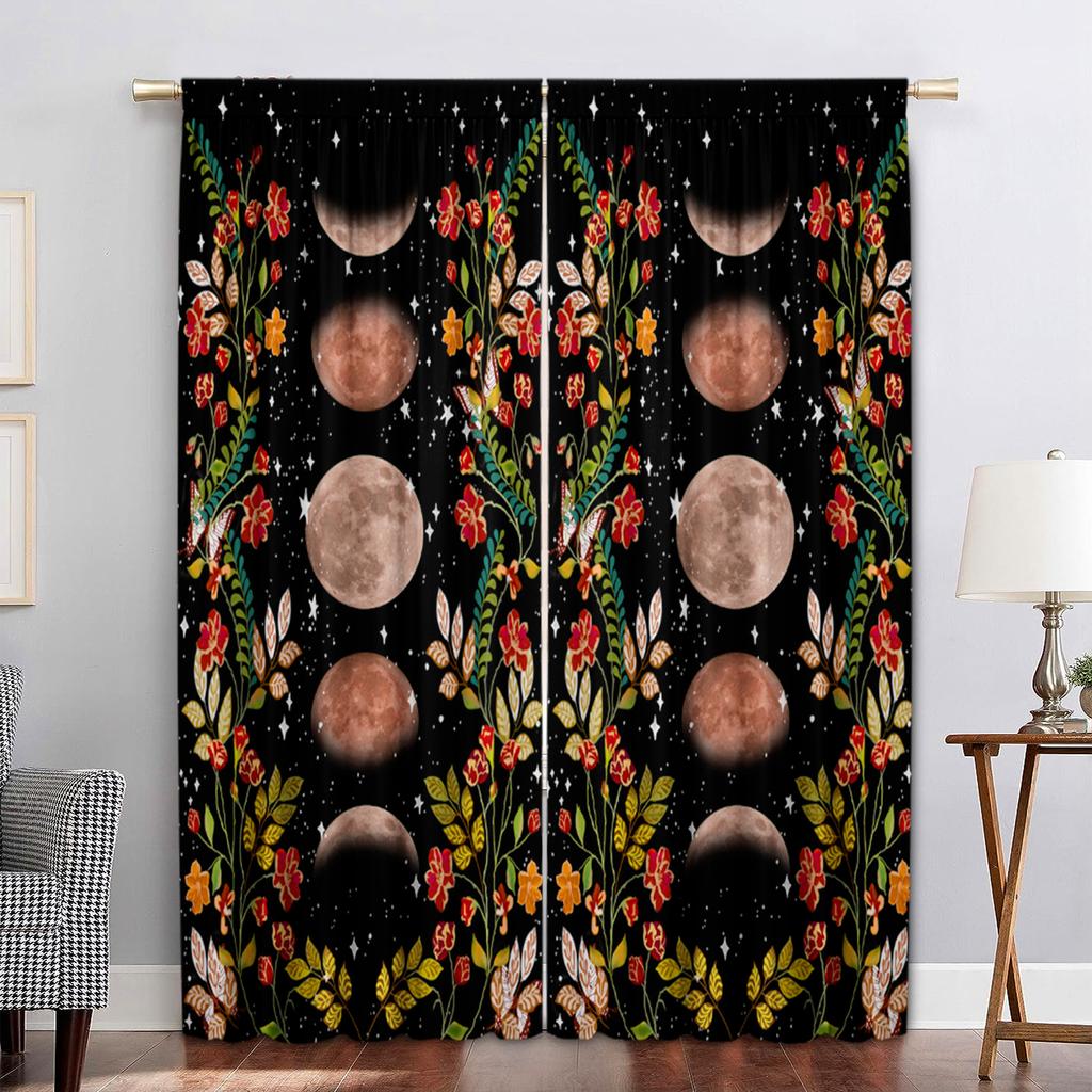 2PC Home Decoration Curtains With Black Background Flowers And Rod Pocket Curtains, Kitchen, Coffee Shop, Living Room, Balcony
