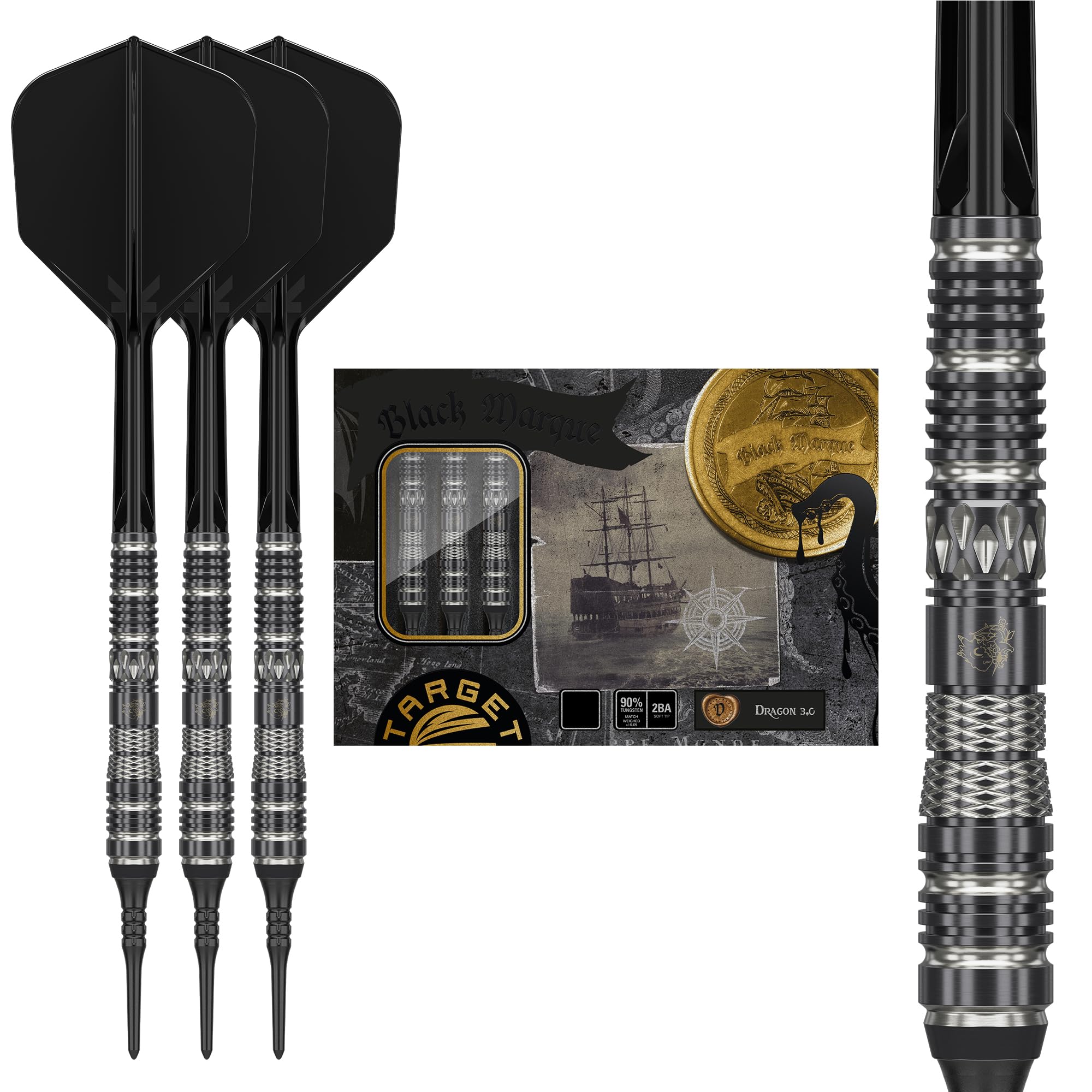 

Target Japan BLACK MARQUE DRAGON Leslie Lee Tungsten 2BA Soft Tip Darts 6 Shape Flights and 2BA SOFT TIP DARTS Mark Dragon 3.0 90% K-Flex Set, 18g, чёрный