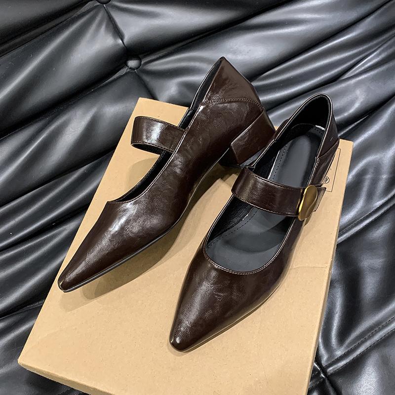 2024 High Quality Leather Elegant Buckle Pointed Toe Black High Heels Fashionable Women's Summer Single Shoes Office Shoes