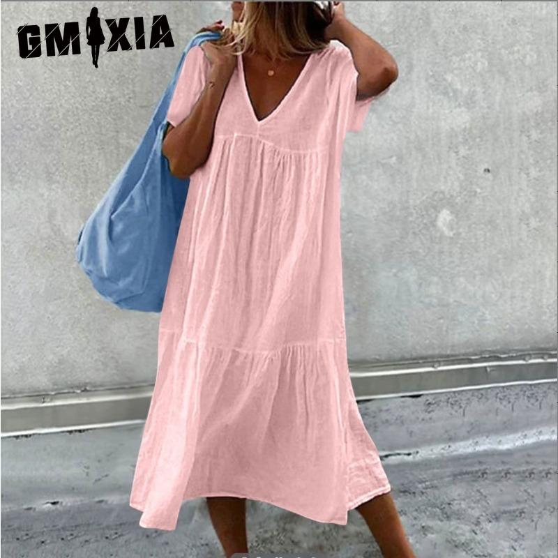 

GMXIA женские модные летние весенние однотонные повседневные платья с короткими рукавами и v-образным вырезом и высокой талией XXXL розовый