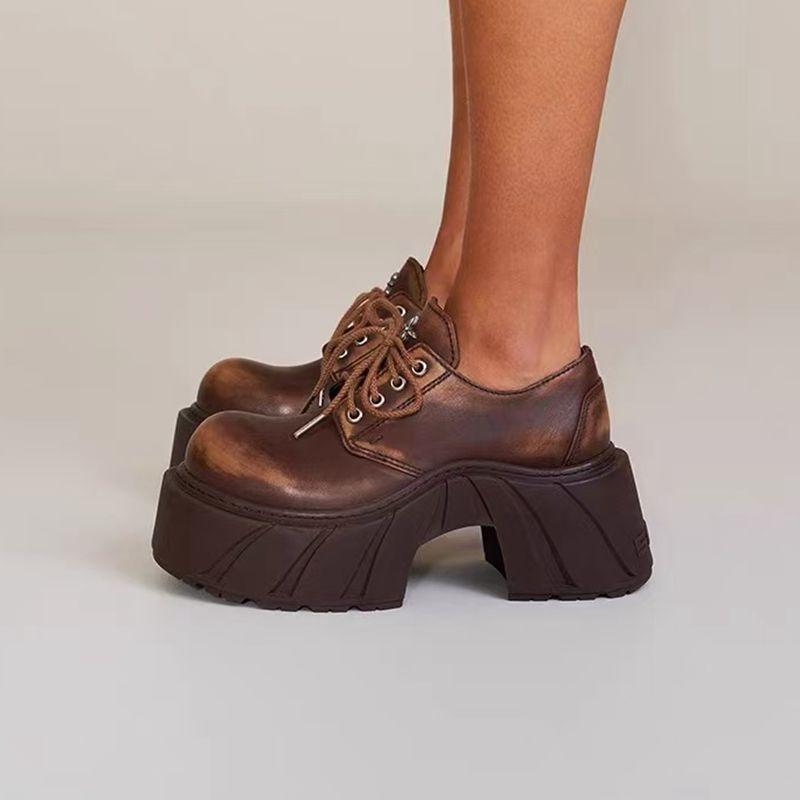 New Women's Leather Round Head High-heeled Single Shoes Retro High-heeled Thick-soled Heightening Lace-up Shoes
