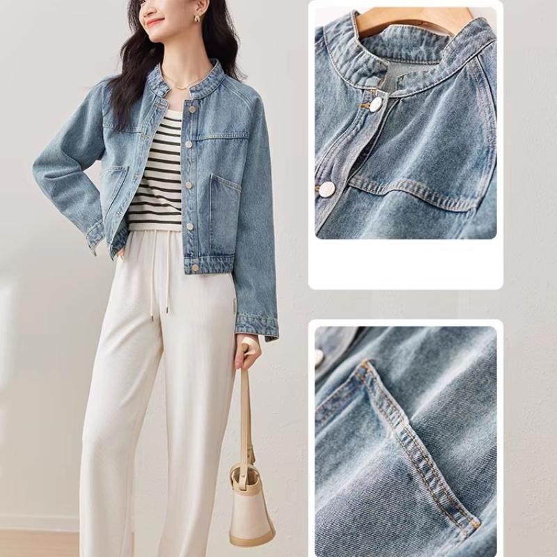 Women's Retro Washed Denim Short Jacket Stand Collar Long Sleeve Top for Autumn and Winter