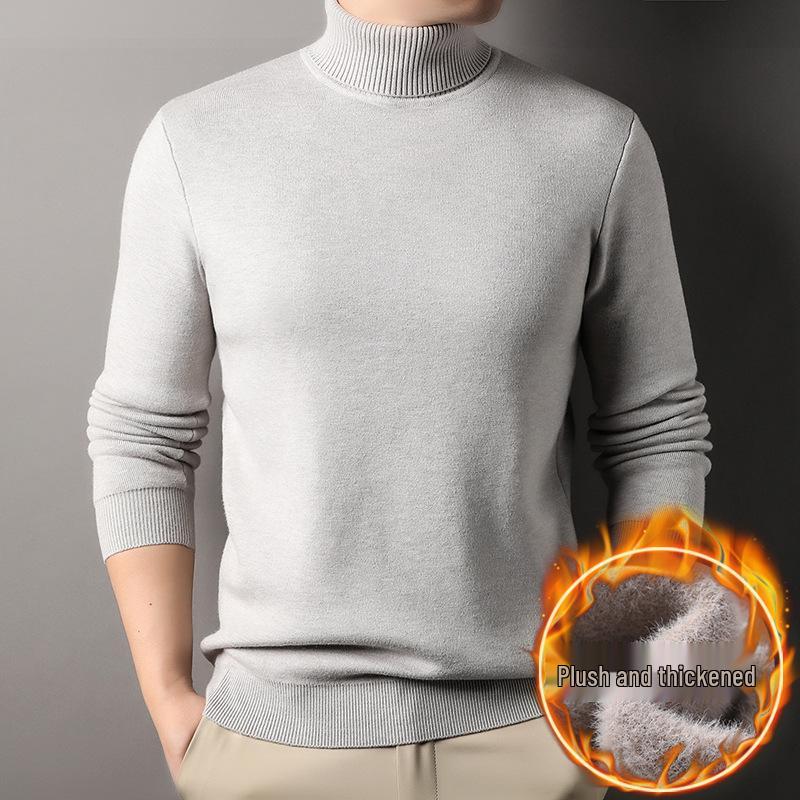 Men's Fashionable Thick Knit Pullover with Double-Fold High Neck, Fleece-Lined for Warmth, Solid Color, Perfect for Middle-Aged and Young Adults.