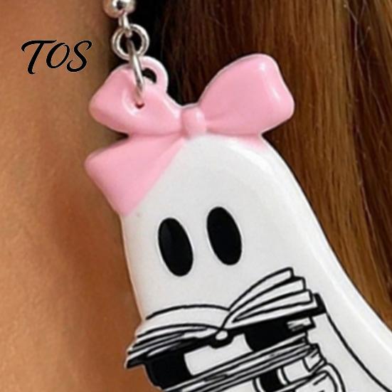 Fun Festival Jewelry Cute Reading Ghost Earrings, Sweet Bowknot Drop Unique Halloween Gifts Lightweight Acrylic for Women Girls Dangle Earrings