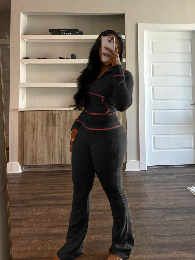 HR24058 Women's Hooded Waffle Texture Raglan Sleeve Flared Casual Set