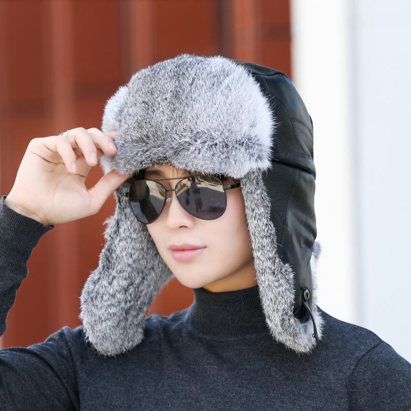 Winter cowhide real rabbit fur men's fleece thickened fur hat outdoor windproof and cold protective ear hat