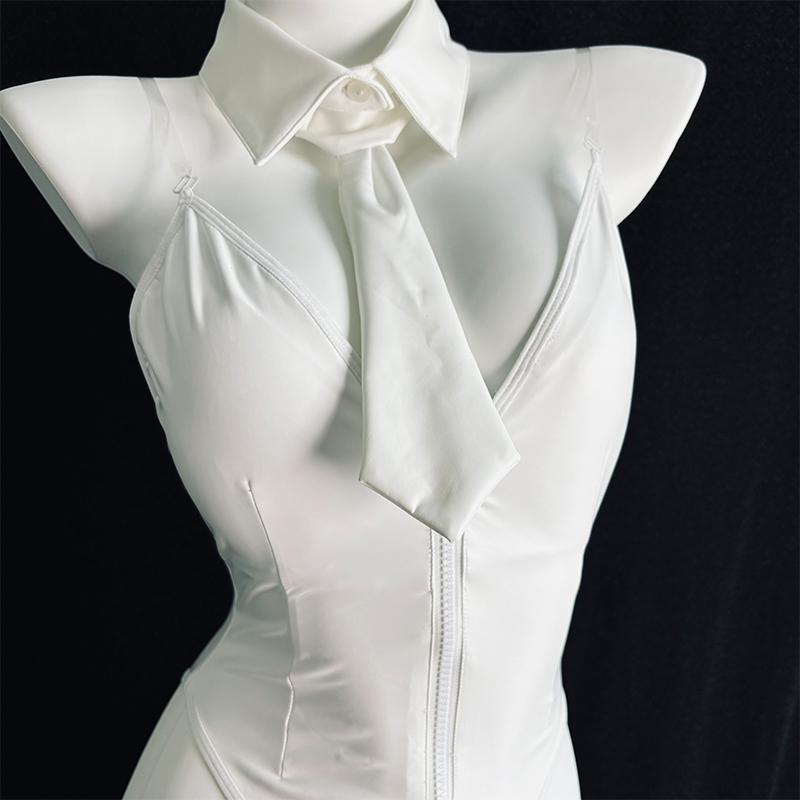 Hot Erotic Original Sexy Cute Bunny Girl Cosplay White Faux Leather Zipper Jumpsuit Backless Halloween Temptation Anime Lingerie