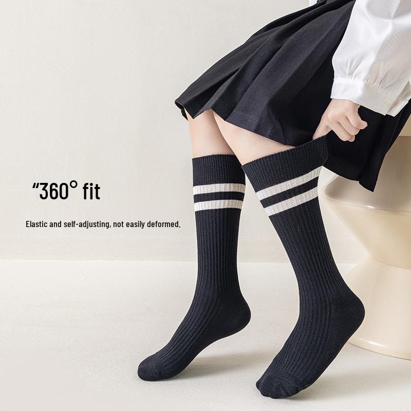 Korean Style JK Lolita Double Needle Calf Socks for Girls - Cotton Spring/Autumn/Winter, Medium & Large Size.