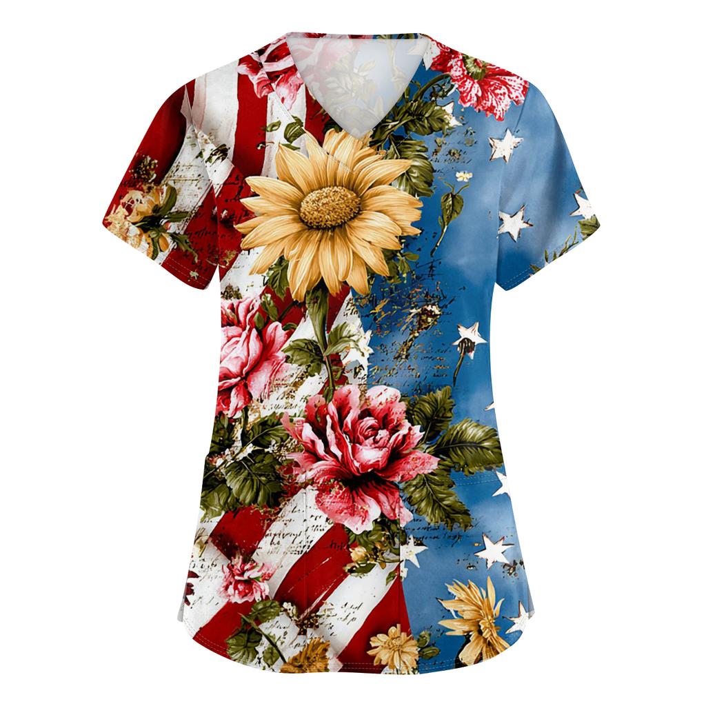 Damen Kurzarm Unabhängigkeitstag Aufdruck V-Ausschnitt Tasche Arbeitskleidung Oberteil