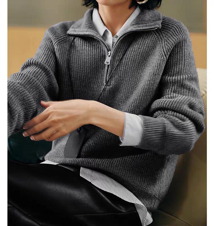 2026 Autumn/Winter Women's Casual Loose Half-Zip Textured Knit Top