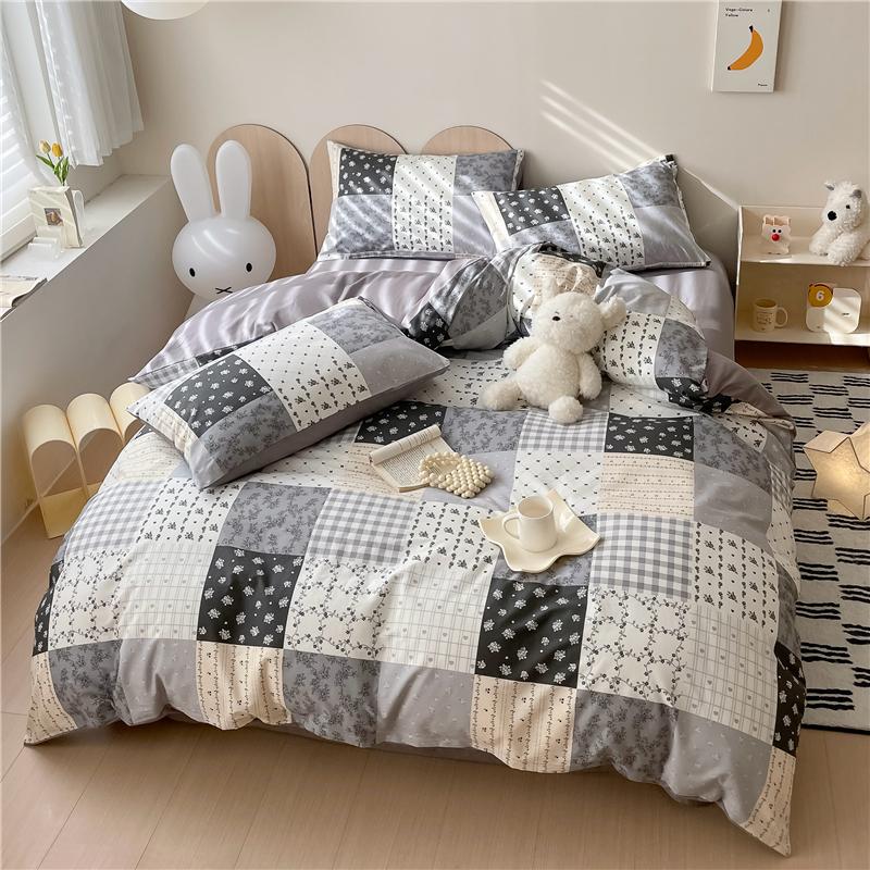 3Pcs Vintage Floral Plaid Pattern Duvet Cover Set 100% Cotton Ultra Soft Comforter Cover with Zipper Flowers Queen Bedding Set