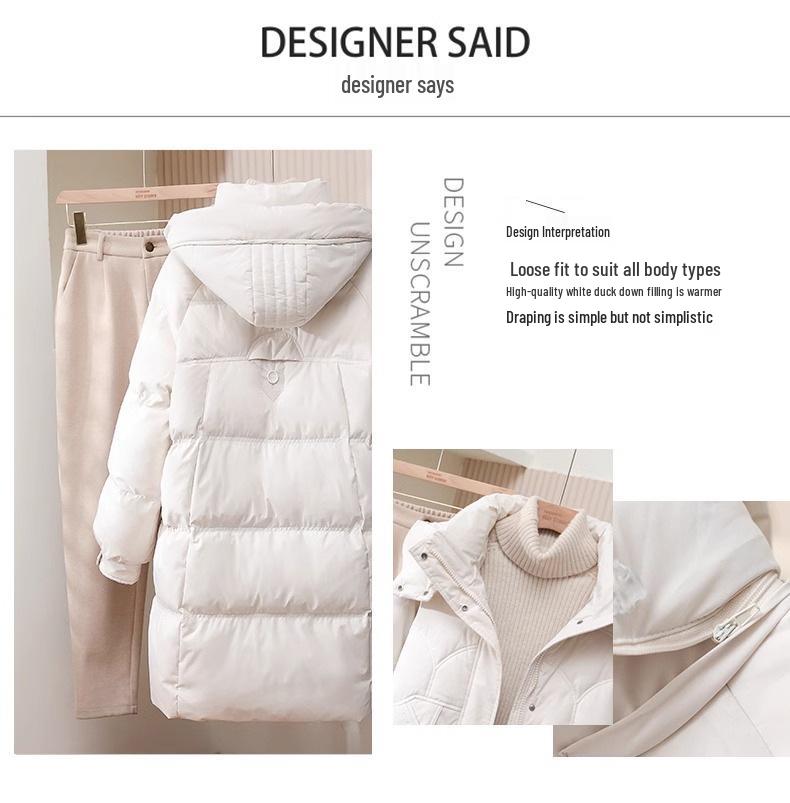 Women's 2025 Slimming Mid-Length Hooded Winter Down Jacket - White Duck Down, Thick, Fashionable, Petite Fit