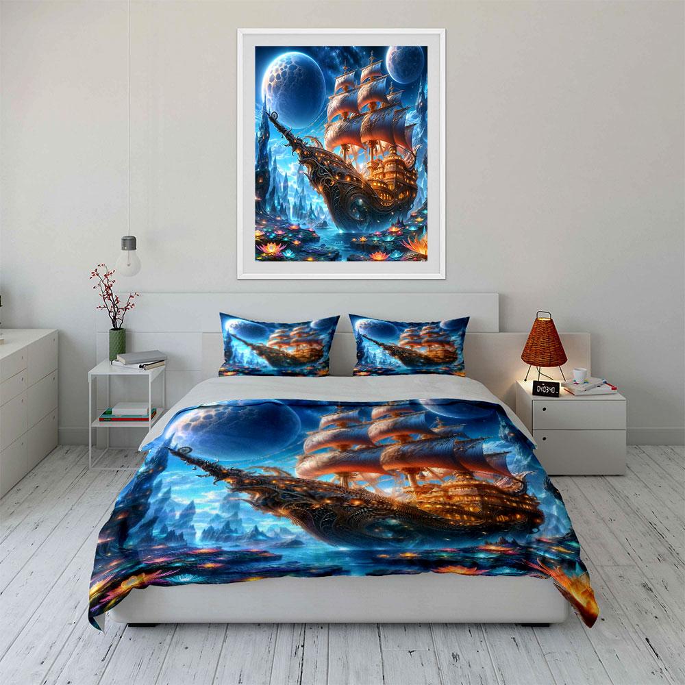 Fantasy Ship Canvas Decor Set Bedding Set with 1 Duvet Cover 2 Pillowcases Single Double King Queen Gift
