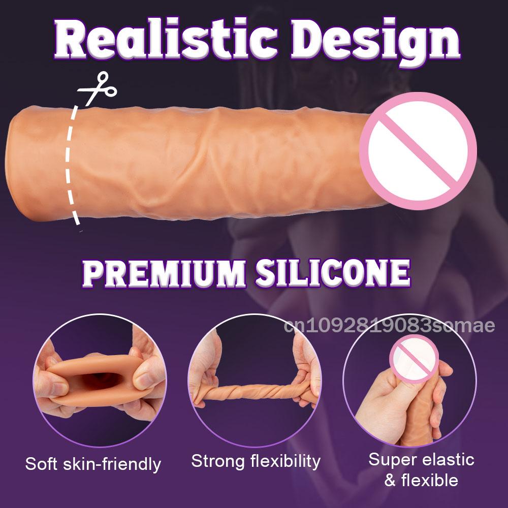 Soft Silicone Condom Enlargement Penis Sleeve Realistic Penis Extender Sex Toys for Men Sexual Tools Reusable Condom Cock Sleeve