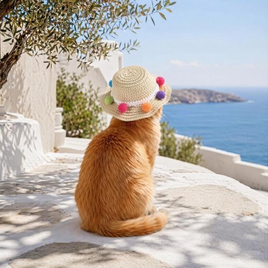 Jijijing Dog Straw Hat, Cute Flower Pet Sun Breathable Summer Wide Brim Hat for Dogs Cats Camping Hiking