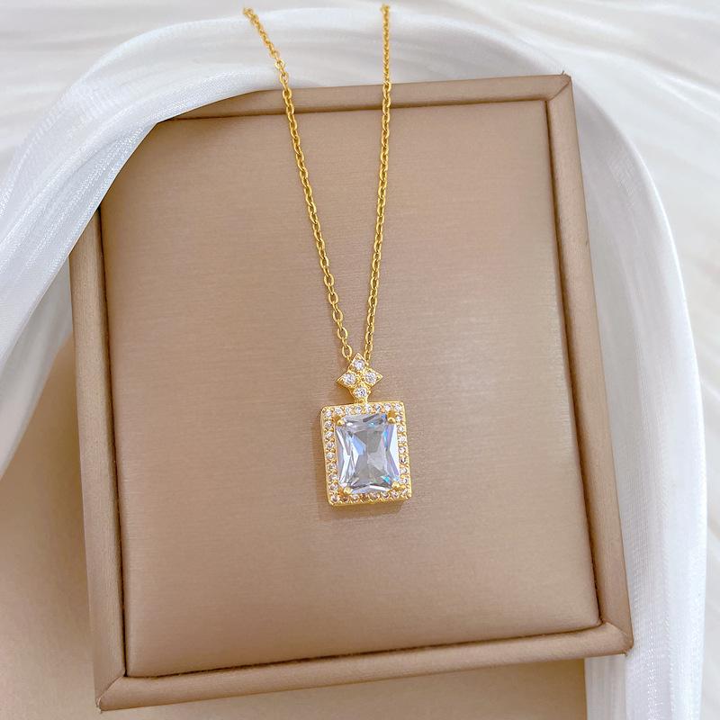 Geometric Luxury Crystal Zircon Pendant Necklace for Women Stainless Steel Chain Bling Wedding Party Jewelry Accessories Gifts