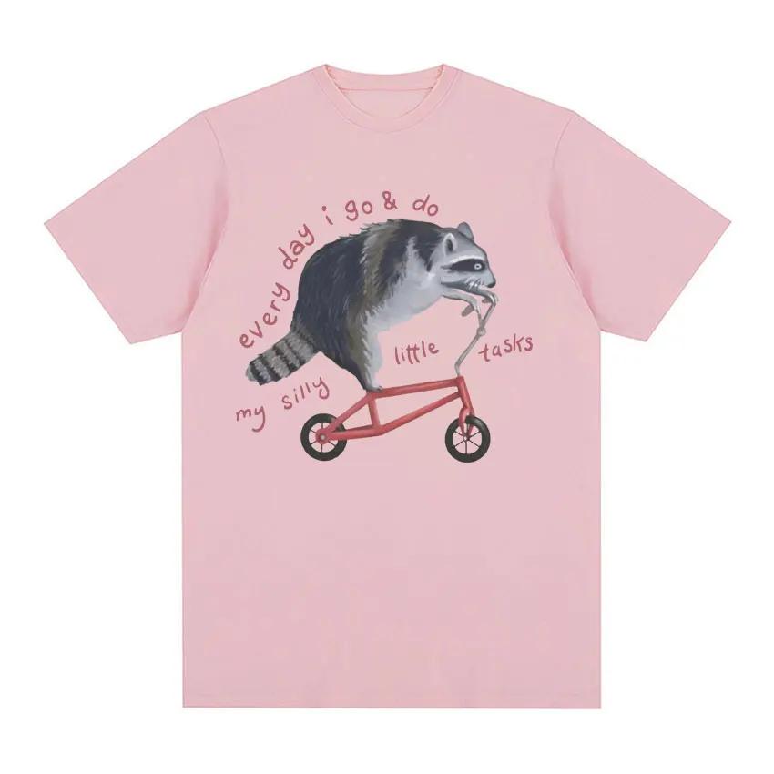Fun Raccoon on Bicycle Meme T Women's Casual Vintage Cartoon T-shirt Summer Humorous Short sleeved T-shirt Top