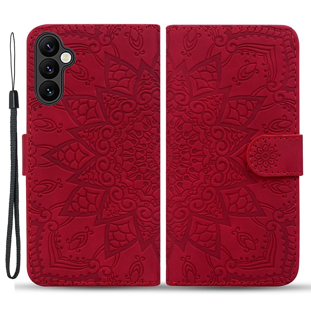 

For Samsung Galaxy S23 FE Flower Imprint Phone Cover Calf Texture Stand Wallet Leather Case Red