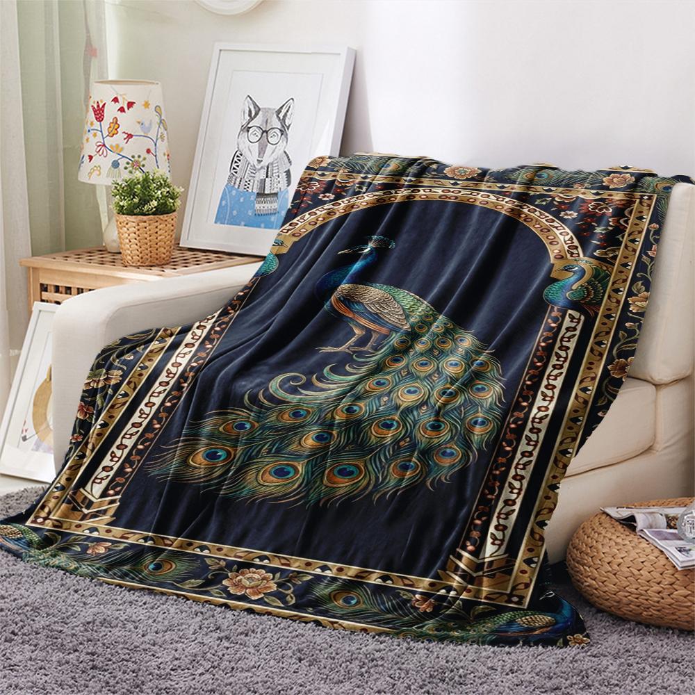 1Pc Peacock Print Flannel Blanket, High quality Comfortable for All Seasons, Home Decor, Warmth and Comfort, Perfect for Christmas Gifts W118