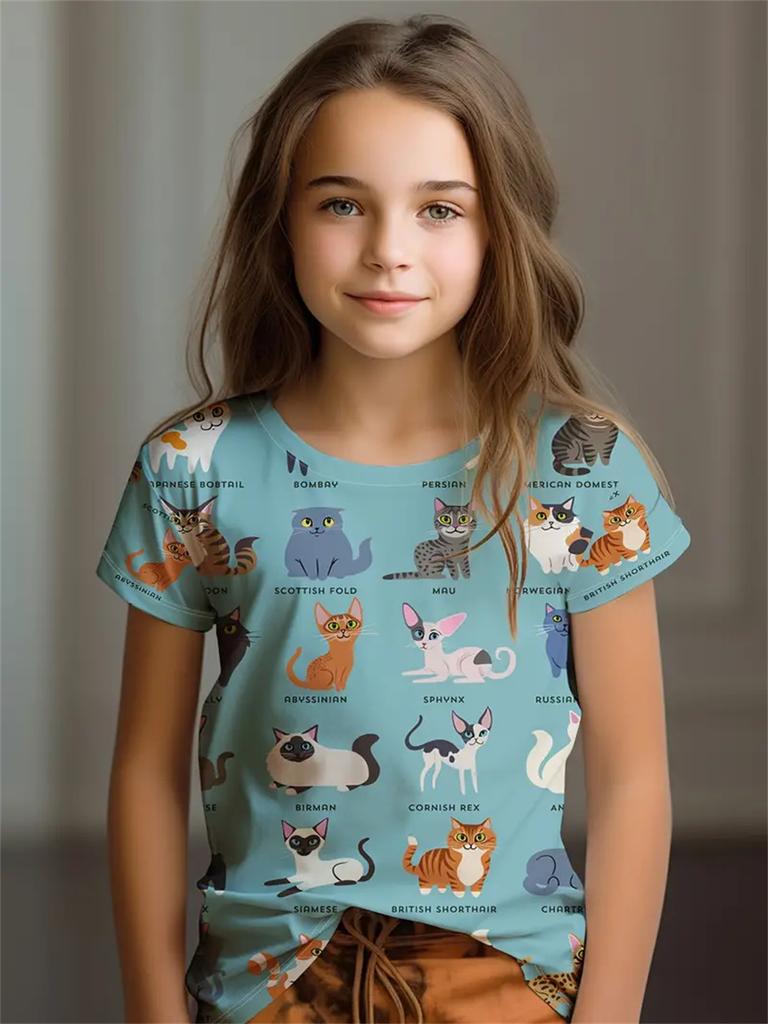 Girl Clothes Cute Animals 3D Print Casual Crew Neck Short Sleeves Graphic T Shirts Children's Clothing 2-10Y for Animals Lover