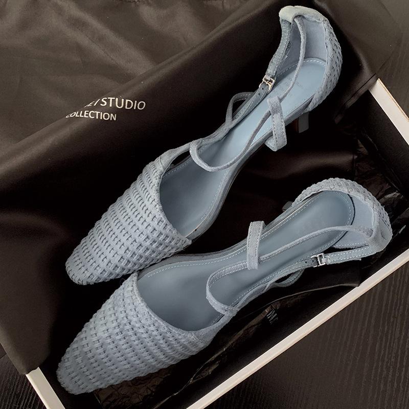 Square Head Thin Heel Side Air Medium Heel Sexy Rear Empty Leather Bag Head Sandals Spring 2025 New Fashion Women's Shoes