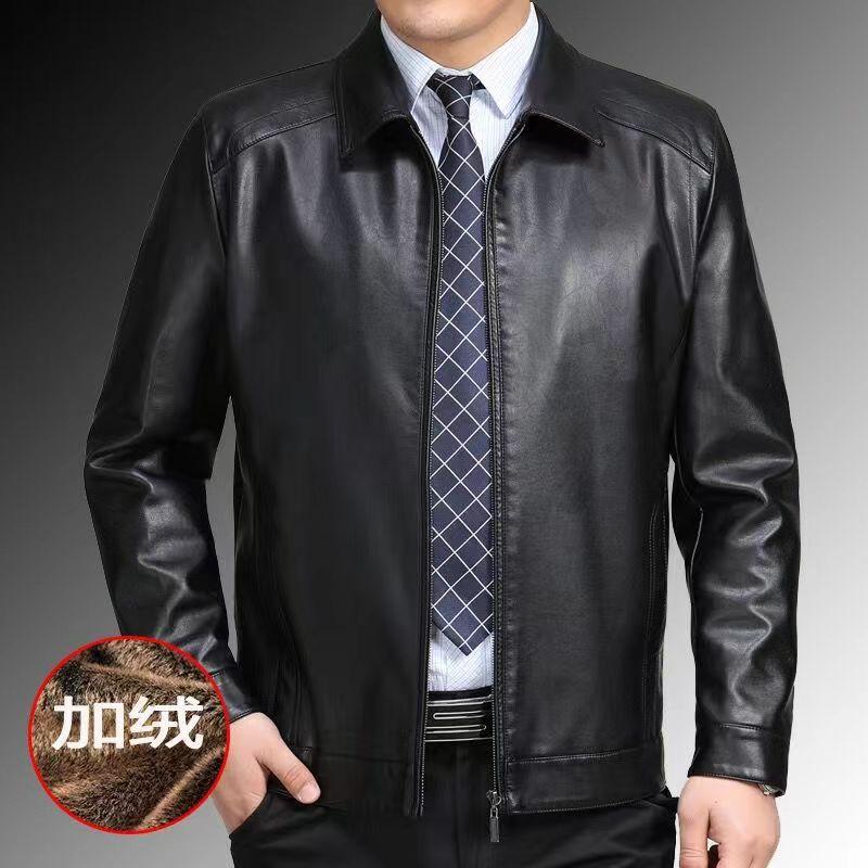 Jaqueta de couro pu masculina de meia-idade, casaco de couro grosso com lã, gola de lapela casual, primavera, outono e inverno