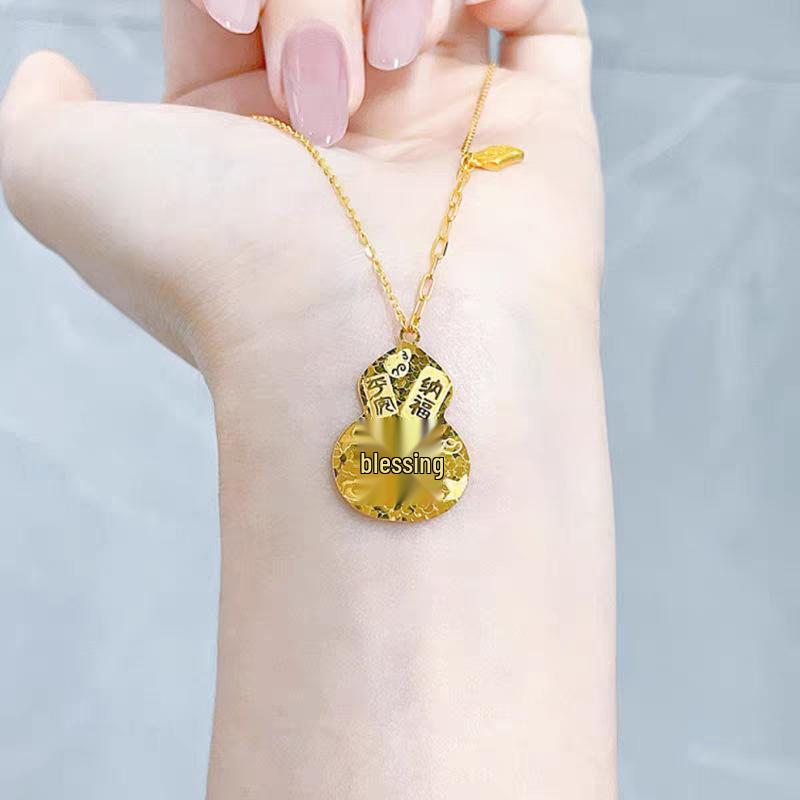 Gold Crushed Ice Gourd Necklace - Chinese Style Fu Lu Good Luck Pendant Gift for Girlfriend
