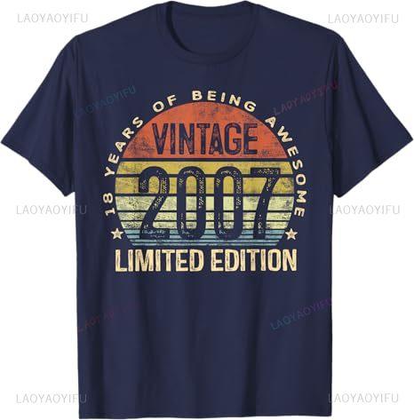 2007 Vintage T-Shirt zum 18. Geburtstag Unisex Retro Grafikdruck Lustiger Slogan Partykleidung für Erwachsene