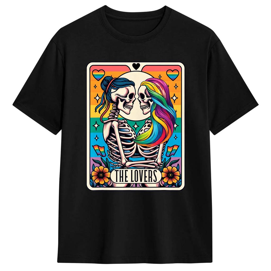 Unisex Tarot Card The Lovers Goth Skeleton Halloween Occult Tshirts Cotton Clothes Beach Y2k Funny Short Sleeve Tshirt O Neck Tee