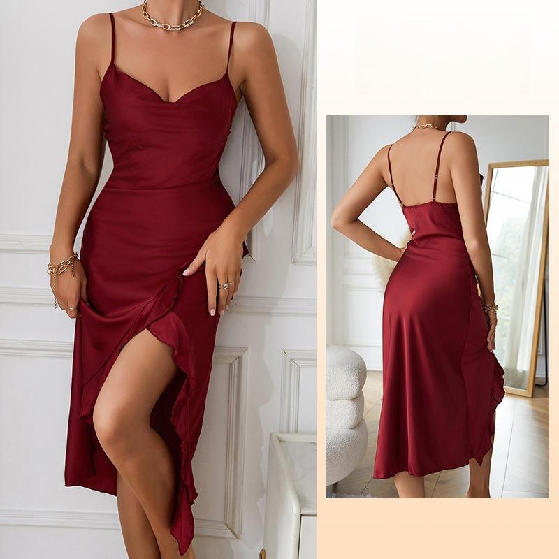 Women's Solid Color High Slit Nightgown Ruffle Trim Sexy Sleeveless Camisole Loungewear 635 Chic Versatile Sleepwear That Can Be Worn as a Mini Dress