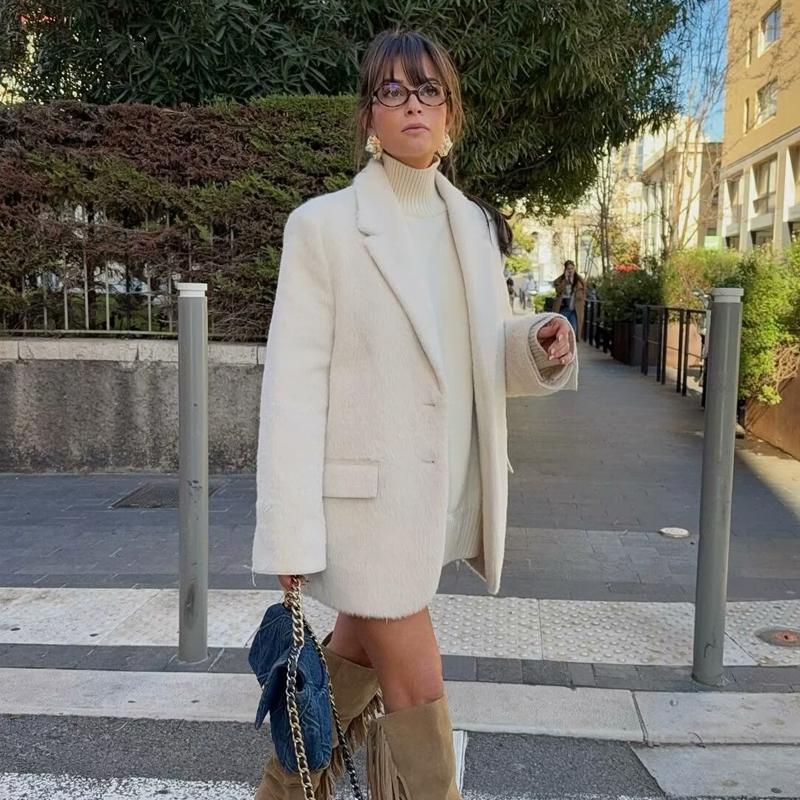 Kunstpelz Damen Blazer Mode Oberbekleidung Gerade Langer Blazer Frau Langarm Mäntel und Jacken