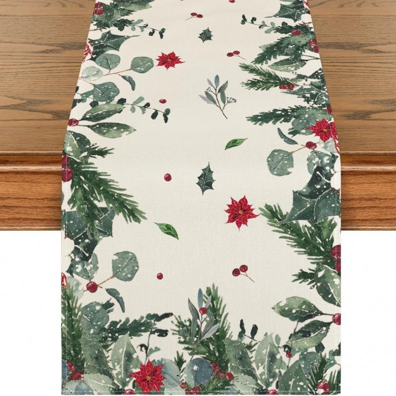 Festive Snowman Christmas Tree Table Runner Home Kitchen Dining Tablecloth for Party Decoration