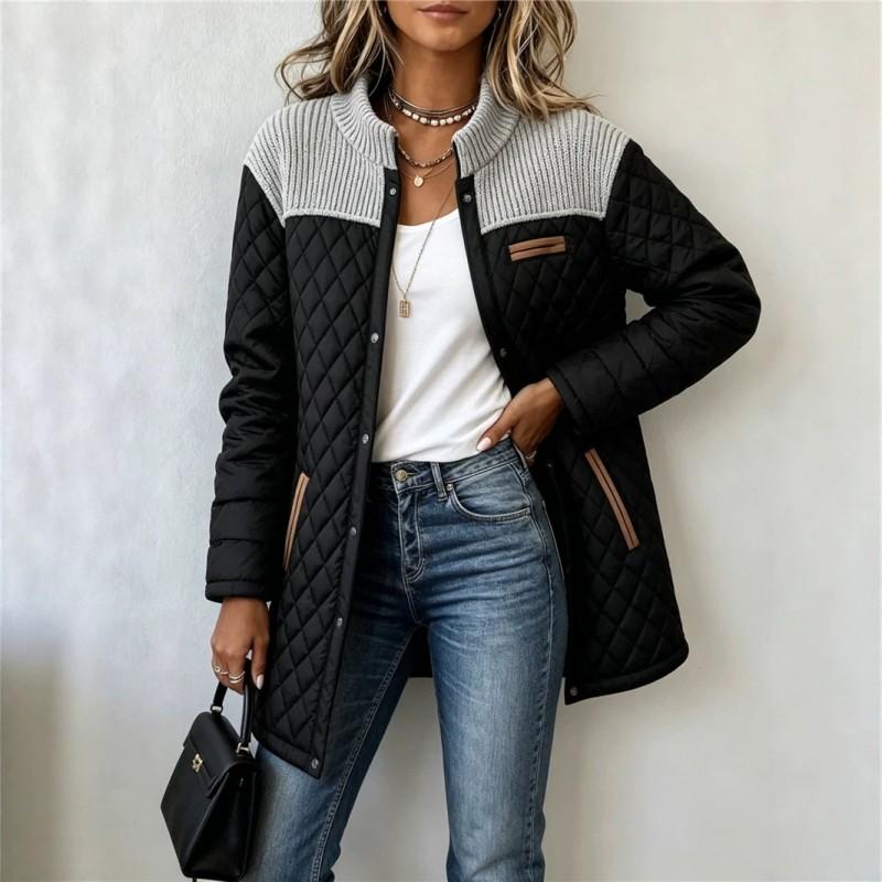 Womens Patchwork Cuff Loose Quilted Cotton Jacket Street Style Casual Winter Coat