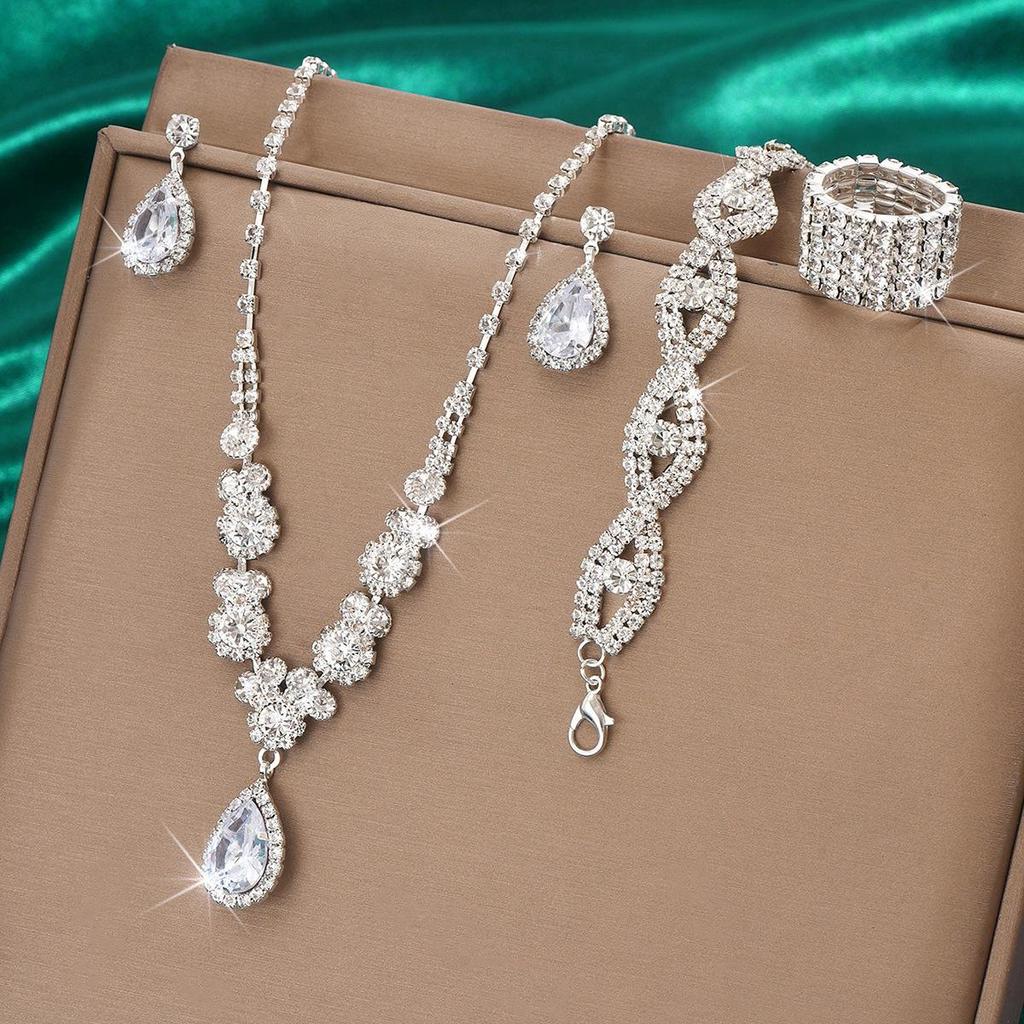 Bridal Jewelry Set: Rhinestone Zircon Teardrop Necklace, Earrings, Bracelet, Ring