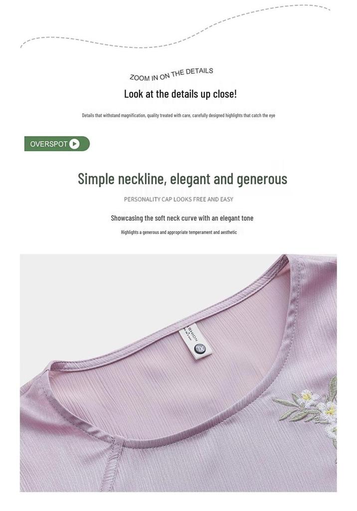 Elegant Embroidered T-Shirt for Middle-Aged & Elderly Women - Summer Seven-Sleeve, Comfortable & Loose Fit