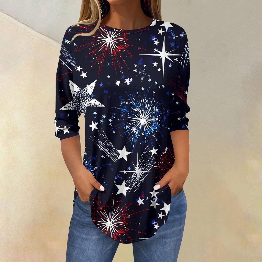 3/4 Length Sleeve Womens Tops Summer T-Shirts Print O Neck Casual Basic Tee Button Shirts Tunic Tops