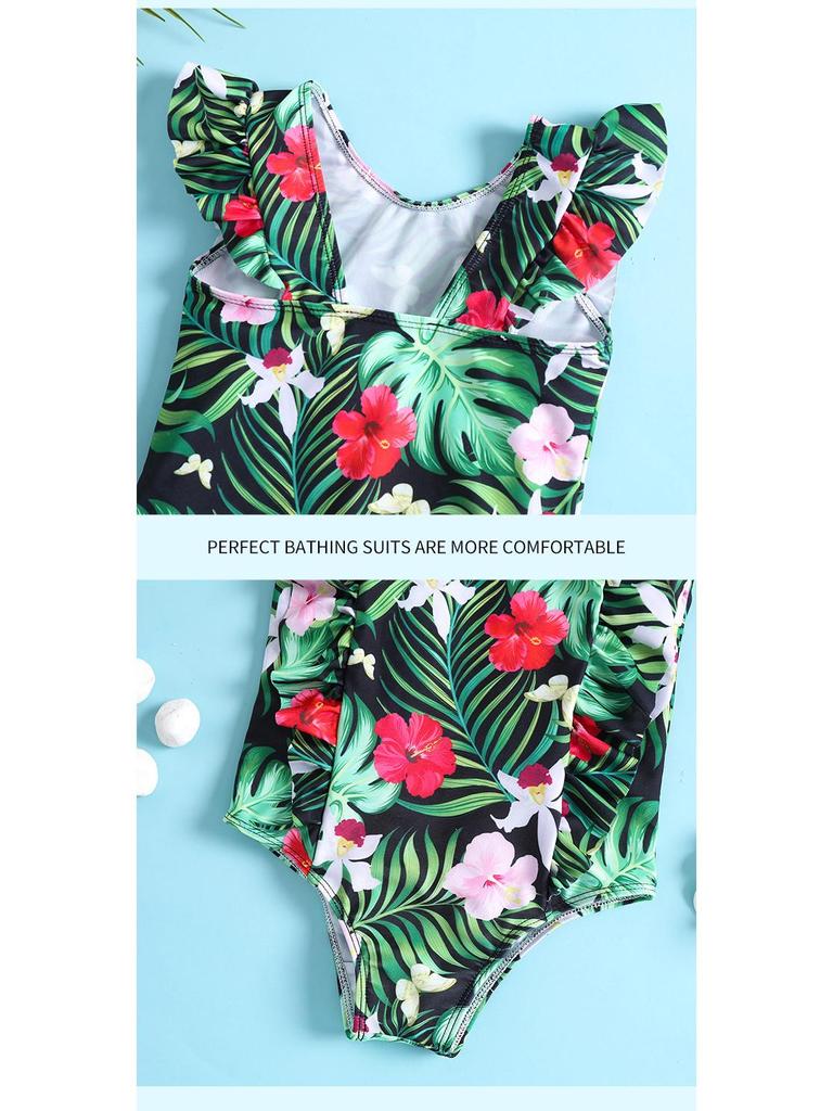 In-Stock Green Floral Ruffle One-Piece Swimsuit for Baby Girls and Toddlers