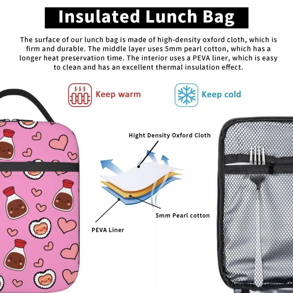 Cute Kawaii Sushi And Soy Accessories Insulated Lunch Bag For Travel Storage Food Boxes Portable Thermal Cooler Lunch Boxes