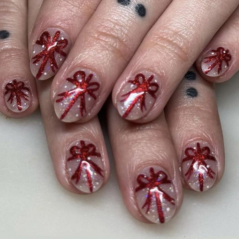 

24 шт. Рождественские накладные ногти со стразами, короткие, овальные, наклейки на ногти для женщин, ложные ногти с бантами и лентой 1