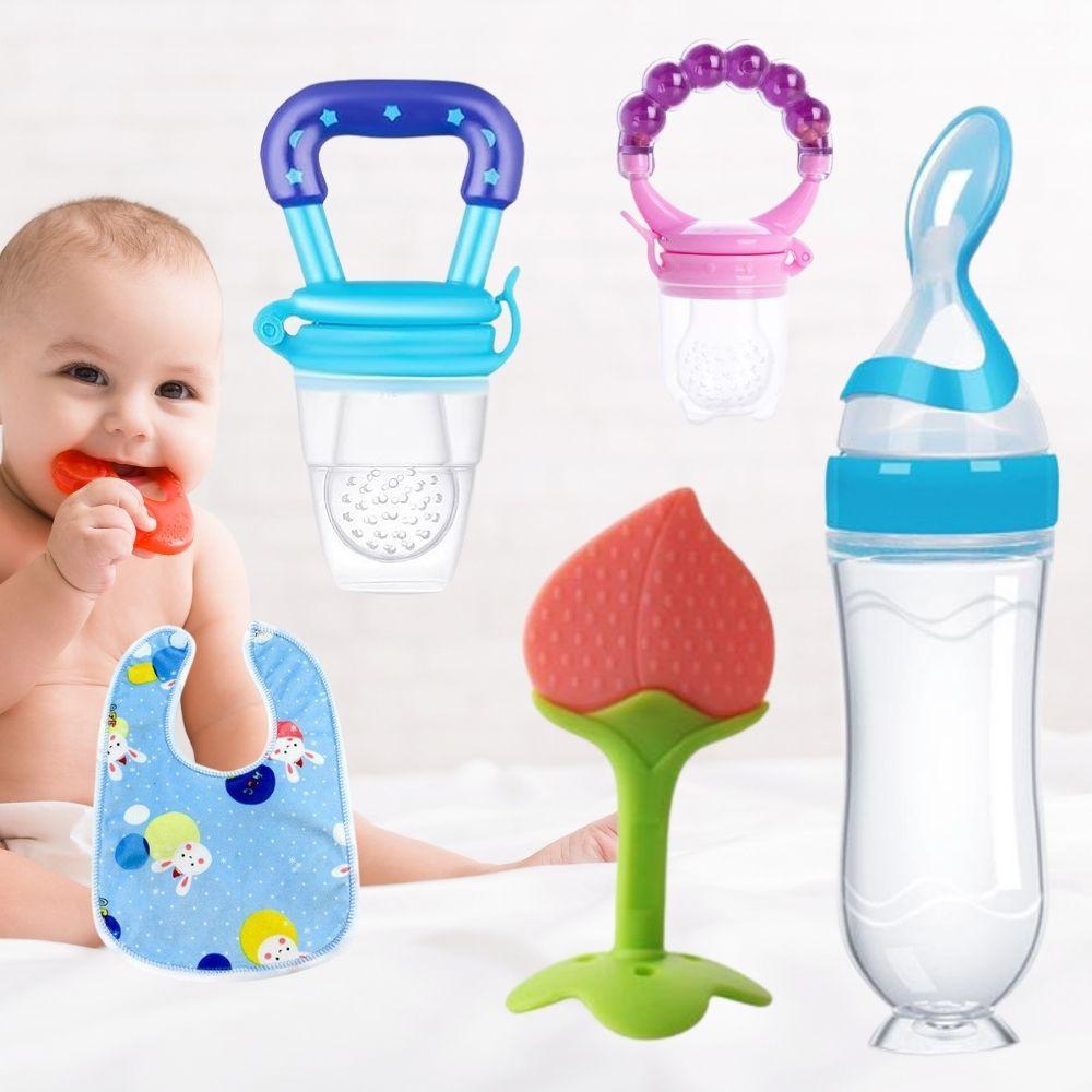 Baby Feeding & Play Combo – Teether, Rattle, Fruit Feeder, Bib & Spoon Feeder Bottle (Pack of 5)