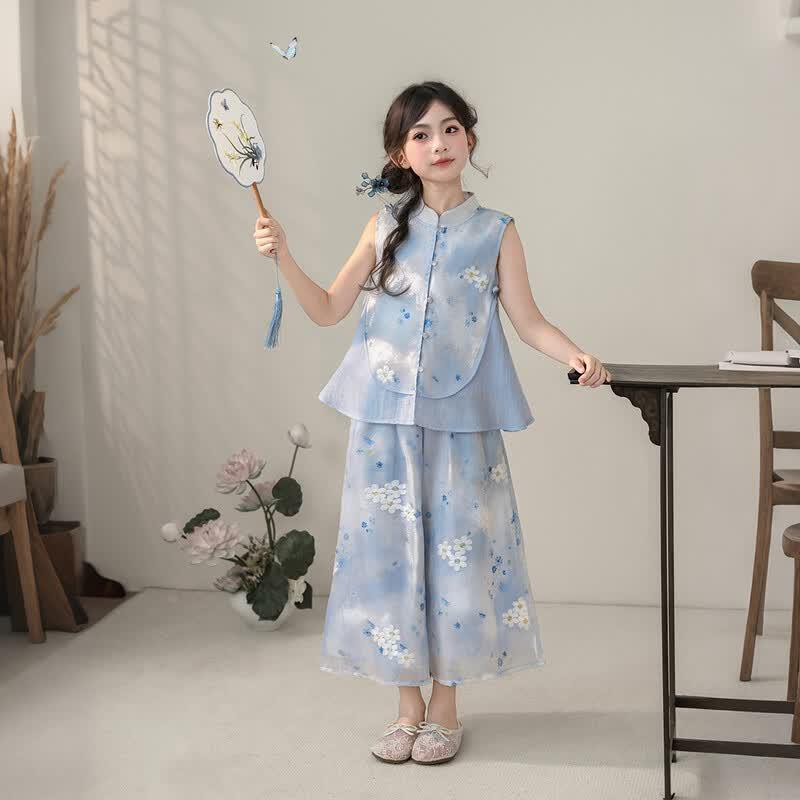 Girls' New Chinese Style Blue Sleeveless Vest & Pants Set